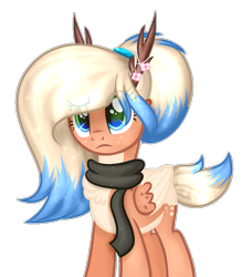 Size: 1055x1155 | Tagged: safe, artist:angellightyt, oc, oc only, oc:flower blossom, deer, pegadeer, pony, antlers, base used, clothes, colored wings, eyelashes, female, frown, mare, scarf, simple background, solo, transparent background, two toned wings, wings