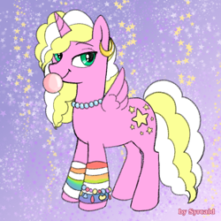 Size: 800x800 | Tagged: safe, artist:syrcaid, oc, oc only, oc:cutie star, alicorn, pony, bubblegum, food, green eyes, gum, multicolored hair, multicolored mane, multicolored tail, original character do not steal, pink fur, solo, starry background, tail