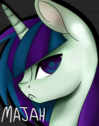 Size: 1650x2100 | Tagged: safe, artist:minckies, oc, oc only, pony, unicorn, bust, female, frown, horn, mare, solo, unicorn oc