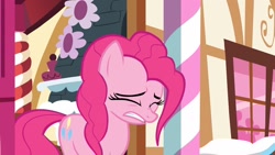 Size: 1920x1080 | Tagged: safe, screencap, pinkie pie, earth pony, pony, g4, maud pie (episode), door, eyes closed, gritted teeth, solo, sugarcube corner, teeth