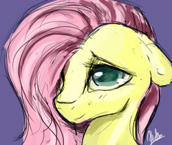 Size: 2100x1776 | Tagged: safe, artist:minckies, fluttershy, pegasus, pony, g4, bust, colored sketch, female, floppy ears, hair over one eye, looking at you, mare, portrait, purple background, signature, simple background, smiling, solo