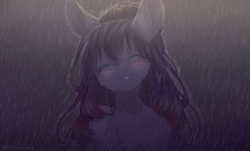 Size: 3154x1901 | Tagged: safe, artist:prettyshinegp, oc, oc only, earth pony, pony, bust, earth pony oc, female, mare, outdoors, rain, smiling, solo, wet, wet mane