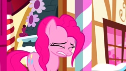 Size: 1280x720 | Tagged: safe, screencap, pinkie pie, earth pony, pony, g4, maud pie (episode), door, eyes closed, gritted teeth, lip bite, saturated, solo, sugarcube corner, teeth