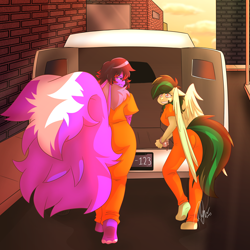 Size: 5000x5000 | Tagged: safe, artist:rick-elfen, oc, oc only, oc:eden shallowleaf, pegasus, skunk, anthro, plantigrade anthro, ass, butt, clothes, duo, female, jumpsuit, mare, prison outfit, van