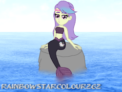 Size: 1024x768 | Tagged: safe, artist:rainbowstarcolour262, snow flower, mermaid, equestria girls, g4, adorasexy, bare shoulders, cute, dyed hair, female, fish tail, kissy face, mermaid tail, mermaidized, ocean, rock, sexy, signature, sitting, sky, solo, species swap, strapless bra, tail, water, watermark