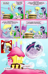 Size: 717x1114 | Tagged: safe, artist:henbe, derpy hooves, dinky hooves, pinkie pie, twilight sparkle, alicorn, earth pony, pony, g4, bubble, clothes line, clothespin, comic, cute, female, floating, in bubble, male, soap bubble, sugarcube corner, trap (device), trapped, twiabetes, twilight sparkle (alicorn), twilight sparkle is not amused, unamused, underp