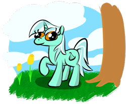 Size: 513x422 | Tagged: safe, artist:purblehoers, lyra heartstrings, pony, unicorn, g4, cloud, female, flower, grass, mare, numget, png, simple background, sky, solo, transparent background, tree