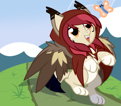 Size: 1600x1400 | Tagged: safe, artist:therebelphoenix, oc, oc only, oc:sandy red, butterfly, sphinx, adoptable, chest fluff, cloak, cloaked, clothes, colored eartips, colored paws, colored pinnae, colored wings, cute, cute little fangs, ear tufts, fangs, grass, looking at something, mountain, multicolored wings, pale belly, red hood, sky, solo, sphinx oc, spread wings, standing on two hooves, sunny day, wings