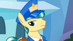 Size: 640x360 | Tagged: safe, screencap, proper postal, crystal pony, earth pony, pony, g4, the parent map, animated, clothes, eyeroll, hat, mailpony, male, sigh, solo, stallion