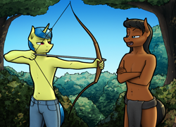 Size: 2880x2070 | Tagged: safe, artist:apocheck13, oc, oc only, earth pony, unicorn, anthro, arrow, bow (weapon), clothes, duo, high res, loincloth, male, male oc, pants, partial nudity, topless, training