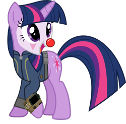 Size: 5089x5000 | Tagged: safe, artist:php170, derpibooru exclusive, oc, oc only, oc:twi clown, pony, unicorn, fallout equestria, g4, clothes, clown, clown nose, fallout, female, jumpsuit, not twilight sparkle, open mouth, pipboy, raised hoof, red nose, simple background, solo, transparent background, vault suit, vector