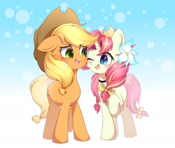 Size: 2048x1726 | Tagged: safe, artist:starbow, applejack, oc, earth pony, pony, unicorn, g4, applejack's hat, blushing, bow, bubble, cowboy hat, cute, duo, duo female, eyebrows, eyebrows visible through hair, female, floppy ears, flower, flower in hair, freckles, gradient background, hair bow, hat, jackabetes, looking at each other, looking at someone, mare, ocbetes, one eye closed, open mouth, raised hoof, sparkly eyes, tail, tail bow, wingding eyes