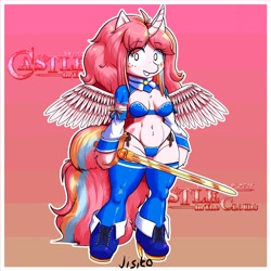 Size: 2048x2048 | Tagged: safe, artist:jisito, oc, oc only, oc:nekonin, alicorn, anthro, arm hooves, armor, bandeau, breasts, castle in the clouds, clothes, collar, femboy, gradient background, high heels, high res, male, not celestia, not princess celestia, panties, shoes, skimpy outfit, smiling, socks, solo, sword, thigh highs, thong, unconvincing armor, underwear, weapon