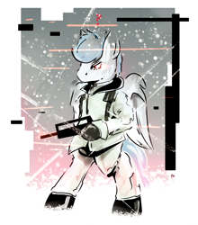 Size: 2200x2500 | Tagged: safe, artist:chaosmauser, oc, oc only, oc:file folder, pegasus, semi-anthro, arm hooves, assault rifle, clothes, famas, gun, high res, jacket, male, metal gear solid, rifle, solo, stallion, weapon