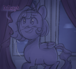 Size: 737x669 | Tagged: safe, anonymous artist, pipp petals, pegasus, pony, series:misty pov, g5, colored, concerned, dialogue, eye clipping through hair, eyebrows, eyebrows visible through hair, female, grin, implied misty brightdawn, limited palette, looking at someone, mane melody (location), mare, motion lines, sketch, smiling, solo, speech bubble, text