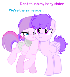 Size: 2848x3140 | Tagged: safe, artist:feather_bloom, oc, oc only, oc:lueur rose(fb), oc:neon swirl(fb), pegasus, pony, g4, amputee, duo, grumpy, high res, prosthetic limb, prosthetics, protecting, siblings, simple background, twins, white background