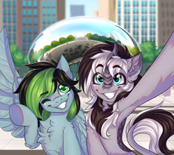 Size: 2800x2500 | Tagged: safe, artist:falafeljake, oc, oc only, oc:grayscale, oc:weo, kirin, pegasus, pony, armpits, chest fluff, city, cloud gate, duo, ear fluff, grin, high res, one eye closed, one wing out, selfie, smiling, spread wings, underhoof, wings