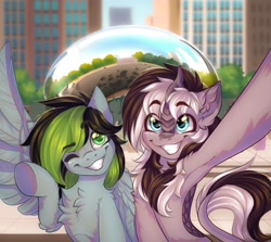 Size: 2800x2500 | Tagged: safe, artist:falafeljake, oc, oc only, oc:grayscale, oc:weo, kirin, pegasus, pony, armpits, chest fluff, city, cloud gate, duo, ear fluff, grin, high res, one eye closed, one wing out, selfie, smiling, underhoof, wings