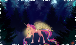 Size: 4000x2400 | Tagged: safe, artist:martazap3, derpibooru exclusive, sunny starscout, alicorn, pony, g5, female, forest, forest background, horn, lantern, long horn, long legs, long mane, long tail, magic, mane stripe sunny, mare, mouth hold, multicolored hair, night, older, older sunny starscout, outdoors, partially open wings, rainbow hair, scrunchie, shine, solo, sternocleidomastoid, tail, tall, wings