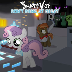 Size: 1200x1200 | Tagged: safe, artist:shadyvox, button mash, sweetie belle, earth pony, pony, skeleton pony, undead, unicorn, zombie, zombie pony, don't mine at night, g4, 2013, album cover, bandcamp, bone, brony history, brony music, colt, cover art, creeper, crossover, downloadable content, female, filly, foal, katy perry, link in description, male, minecraft, nostalgia, parody, parody of a parody, pickaxe, ponified, skeleton, sword, text, torch, weapon, youtube link