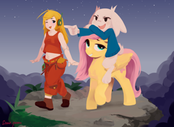 Size: 3542x2577 | Tagged: safe, artist:some_ponu, fluttershy, mimiga, pegasus, pony, rabbit, g4, cave story, crossover, curly brace, female, furry, high res, human and pony, mare, platformer, riding, riding a pony, stars, sue sakamoto, trio