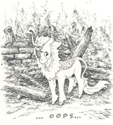 Size: 963x1065 | Tagged: safe, artist:adeptus-monitus, kirin, ashamed, cloven hooves, fire, ink drawing, leonine tail, looking away, monochrome, oops, ruins, solo, standing, tail, traditional art