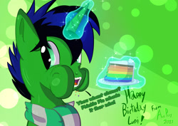 Size: 1754x1240 | Tagged: safe, artist:ace play, oc, oc only, oc:lupi, pony, unicorn, abstract background, birthday gift art, cake, clothes, eating, female, food, gift art, glowing, glowing horn, green background, horn, implied pinkie pie, looking at you, magic, magic aura, mare, plate, puffy cheeks, rainbow cake, scarf, simple background, solo, talking to viewer, telekinesis, unicorn oc