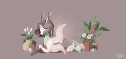 Size: 3181x1495 | Tagged: safe, artist:luuny-luna, oc, oc:delicate, pegasus, pony, female, flower, horns, lying down, mare, plant, prone, quadrupedal, solo, tail wings