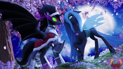 Size: 3840x2160 | Tagged: safe, artist:loveslove, king sombra, queen chrysalis, alicorn, bat pony, bat pony alicorn, changeling, changeling queen, pony, unicorn, g4, 3d, 4k, alicornified, bat wings, blurry background, cherry blossoms, claws, duo, duo male and female, female, flower, flower blossom, high res, horn, insect wings, looking at each other, looking at someone, male, mare, moon, night, race swap, ship:chrysombra, shipping, smiling, sombracorn, spread wings, stallion, straight, tail, tree, wing claws, wings