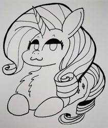 Size: 2753x3262 | Tagged: safe, artist:spoopygirl, rarity, pony, unicorn, g4, :3, chest fluff, cute, female, grayscale, high res, lineart, looking at you, lying down, mare, monochrome, ponyloaf, prone, raribetes, smug, traditional art