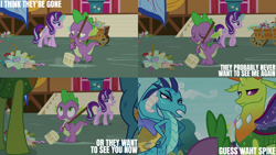 Size: 2000x1125 | Tagged: safe, edit, edited screencap, editor:quoterific, screencap, princess ember, spike, starlight glimmer, thorax, changedling, changeling, dragon, pony, unicorn, g4, triple threat, broom, cart, ember is not amused, king thorax, thorax is not amused, trash, unamused