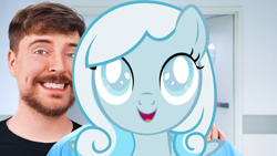 Size: 1280x720 | Tagged: safe, artist:sfs animation, edit, oc, oc:snowdrop, human, pegasus, pony, blind, female, filly, foal, irl, irl human, male, meme, mrbeast, open mouth, open smile, photo, smiling, we are going to hell