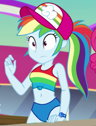 Size: 623x816 | Tagged: safe, edit, edited screencap, editor:incredibubbleirishguy, screencap, rainbow dash, human, equestria girls, equestria girls specials, g4, my little pony equestria girls: better together, my little pony equestria girls: spring breakdown, belly, belly button, bikini, cap, clothes, cropped, exposed belly, front knot midriff, hat, midriff, solo, swimsuit, swimsuit edit, tank top