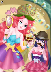 Size: 1000x1414 | Tagged: safe, artist:lord--opal, pinkie pie, twilight sparkle, human, a photo booth story, eqg summertime shorts, equestria girls, g4, bare shoulders, bowler hat, bubble, bubble pipe, deerstalker, detective, duo, duo female, fake moustache, fall formal outfits, female, hat, human coloration, magnifying glass, pipe, scene interpretation, sherlock holmes, sherlock pie, sleeveless, strapless, watson