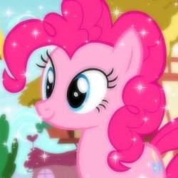 Size: 472x472 | Tagged: safe, edit, edited screencap, screencap, pinkie pie, changeling, earth pony, pony, g4, my little pony: friendship is magic, season 6, to where and back again, blue eyes, cropped, cute, diapinkes, disguise, disguised changeling, fake pinkie, female, mare, pink body, pink coat, pink fur, pink hair, pink mane, pink pony, poofy hair, poofy mane, smiling, solo, sparkles