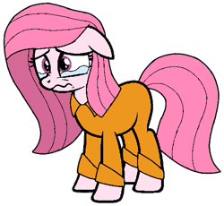 Size: 521x480 | Tagged: safe, artist:muhammad yunus, oc, oc only, oc:annisa trihapsari, earth pony, pony, clothes, crying, defeated, disappointed, earth pony oc, female, fired, floppy ears, jail, long hair, long mane, mare, prison, prison outfit, sad, simple background, solo, transparent background