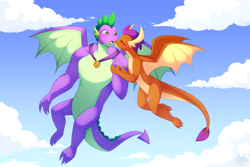 Size: 1620x1080 | Tagged: safe, artist:scarlet-spectrum, smolder, spike, dragon, g4, blushing, cheek kiss, cloud, dragoness, duo, eyes closed, female, flying, gigachad spike, kissing, male, medal, older, older spike, open mouth, ship:spolder, shipping, sky background, straight, winged spike, wings