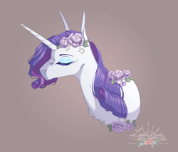 Size: 1094x938 | Tagged: safe, artist:luuny-luna, rarity, pony, g4, bust, eyes closed, flower, portrait, simple background, solo