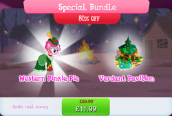 Size: 1268x859 | Tagged: safe, gameloft, pinkie pie, earth pony, pony, g4, my little pony: magic princess, bundle, clothes, costs real money, dress, ear piercing, earring, english, feather, female, hat, jewelry, mare, mobile game, numbers, piercing, sale, solo, text