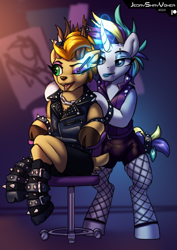 Size: 2000x2824 | Tagged: safe, artist:jedayskayvoker, rarity, oc, oc:laurits rutger, deer, pony, g4, alternate hairstyle, boots, clothes, colored, colored sketch, crossdressing, duo, duo male, elusive, eyebrow piercing, full color, high res, leather, leather boots, leather vest, lipstick, magic, magic aura, makeup, male, piercing, punk, raripunk, rule 63, shoes, sketch, smiling, telekinesis, tongue out, tongue piercing, vest