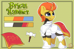 Size: 2362x1582 | Tagged: safe, artist:joaothejohn, oc, oc:bright hammer, pony, unicorn, armor, cloak, clothes, commission, horn, looking up, medieval, reference sheet, simple background, solo, text, unicorn oc, walking