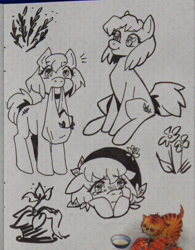 Size: 1472x1888 | Tagged: safe, artist:erein, oc, earth pony, pony, crying, ears back, ears up, looking at you, monochrome, photo, sad, sitting, sketch, solo, traditional art