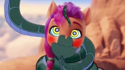 Size: 1281x720 | Tagged: safe, artist:whitty101919, edit, edited screencap, editor:whitty101919, screencap, sunny starscout, earth pony, pony, snake, g5, my little pony: a new generation, spoiler:my little pony: a new generation, bad edit, blushing, duo, female, hypno eyes, hypnosis, it came from deviantart, kaa, kaa eyes, kiss on the lips, kissing, mare