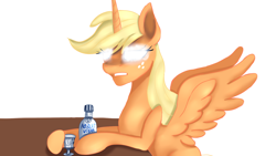 Size: 1920x1080 | Tagged: safe, artist:jbond, applejack, alicorn, pony, g4, alcohol, alicornified, applecorn, female, glowing, glowing eyes, horn, mare, race swap, simple background, solo, table, vodka, white background