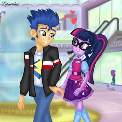 Size: 1400x1400 | Tagged: safe, artist:mlplary6, flash sentry, sci-twi, twilight sparkle, human, equestria girls, g4, boyfriend and girlfriend, duo focus, female, glasses, heart, holding hands, looking at each other, looking at someone, love, male, mall, romantic, sci-twi outfits, ship:flashlight, ship:sci-flash, shipping, smiling, smiling at each other, straight, walking