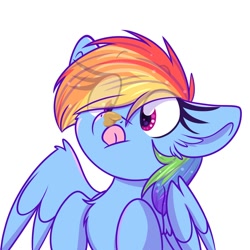 Size: 2000x2000 | Tagged: safe, artist:lbrcloud, rainbow dash, pegasus, pony, g4, behaving like a dog, bust, cross-eyed, cute, eye clipping through hair, eyebrows, eyebrows visible through hair, female, food, high res, licking, mare, peanut butter, portrait, silly, simple background, solo, tongue out, white background