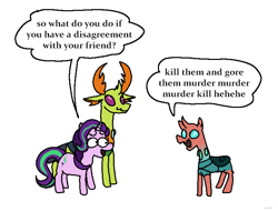 Size: 2208x1680 | Tagged: safe, artist:punkittdev, starlight glimmer, thorax, changedling, changeling, pony, unicorn, celestial advice, g4, dialogue, female, king thorax, male, mare, simple background, speech bubble, trio, white background