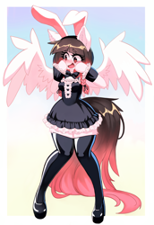 Size: 1752x2552 | Tagged: safe, artist:saikoot, oc, oc:arwencuack, pegasus, anthro, arm hooves, bunny ears, bunny suit, clothes, cute, dress, female, high heels, mare, shoes, shy, socks, solo, thigh highs