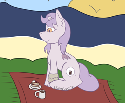 Size: 3022x2474 | Tagged: safe, artist:lil_vampirecj, oc, oc only, unnamed oc, alicorn, hybrid, pony, beach, broken horn, broken wing, cake, cup, digital art, food, grass, high res, horn, ocean, seaside, solo, sun, tea, teacup, water, wings