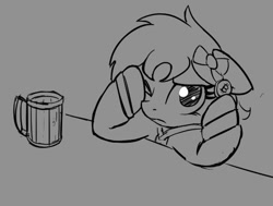 Size: 544x412 | Tagged: safe, artist:wenni, oc, oc only, oc:whinny, pony, bitcoin, cryptocurrency, grayscale, looking at you, monochrome, mug, one eye open, solo